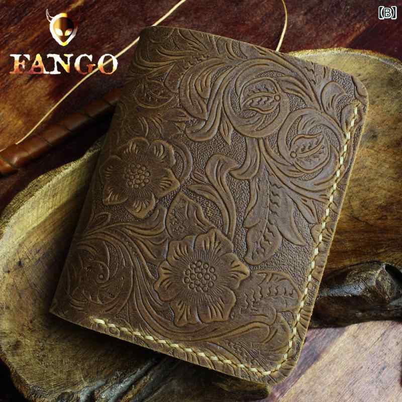 財布 メンズ レディース ハンドメイド ショートウォレット 二つ折り 縦型 革 牛革 レトロ ヴィンテージ風 クホースレザー 型押し 花柄 札入れ カード入れ ブラウン系 ネイビー レッド 3