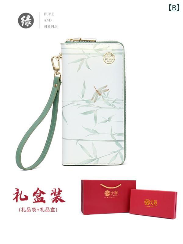 長財布 レディース ミドルエイジ チャイナ風 刺繍 牛革 革 ファスナー開閉 大容量 多機能 カード収納 小銭入れ 札入れ エスニック 上品 普段使い