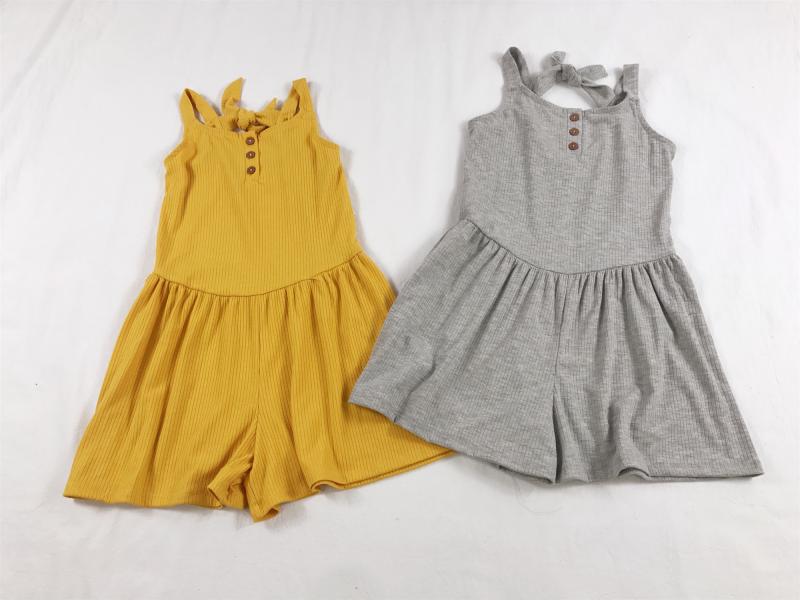 ロンパース キッズ 女の子 ジュニア 中学生 小学生 女の子 キャミソール型 オールインワン ショート丈 リブ 背中リボン カジュアル 普段着 春夏 黄 グレー