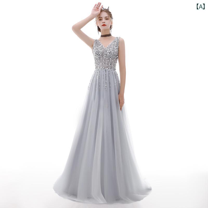 ロングドレス レディース Vネック スパンコール セクシー パーティー 演奏会 発表会 結婚式 披露宴 二次会 謝恩会 忘年会 大人式 ステージ衣装 チュール トレーン クリスタルビーズ シルバーグレー ブラック