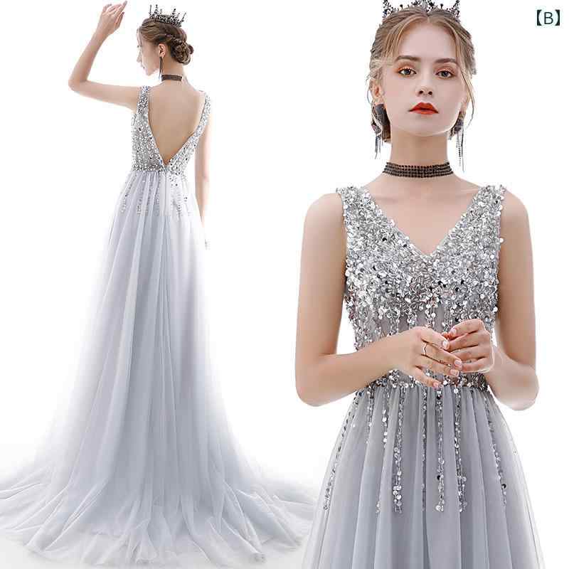ロングドレス レディース Vネック スパンコール セクシー パーティー 演奏会 発表会 結婚式 披露宴 二次会 謝恩会 忘年会 大人式 ステージ衣装 チュール トレーン クリスタルビーズ シルバーグレー ブラック
