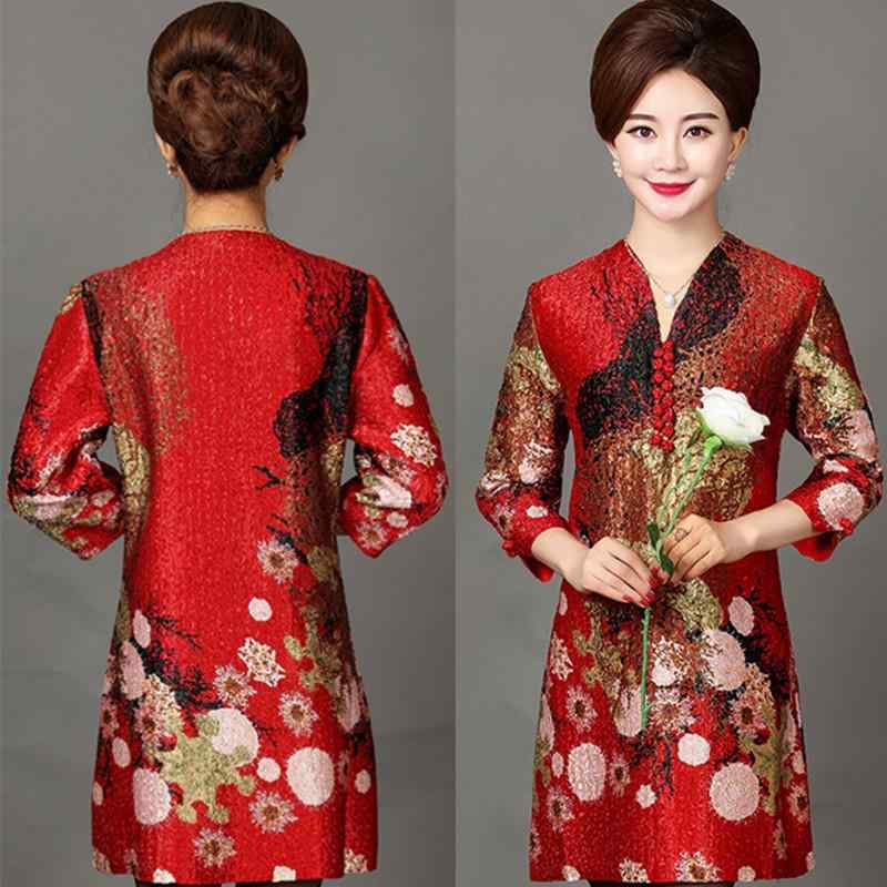 ワンピース ミセス レディース お母さん世代 大きいサイズ 春秋 長袖 ダブルレイヤー プリーツ チャイナドレス Vネック 花鳥柄 ミモレ丈 体型カバー