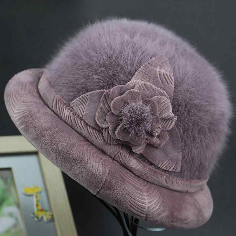 帽子 レディース 女性用 シニア 中高齢者 秋冬 ファー 兎毛混紡 裏起毛 裏ボア 厚手 暖かい 防寒 暖かい バケットハット つば広 花モチーフ 上品
