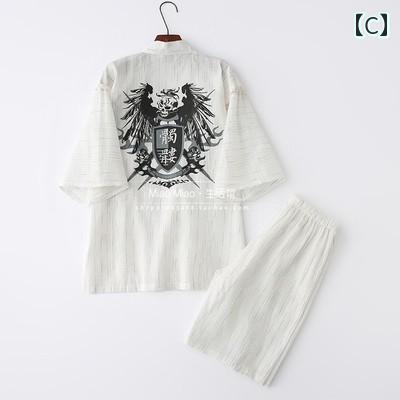 甚平 メンズ 男性用 春夏 半袖 Vネック 紐 コットン 和柄 波柄 ショートパンツ パ...