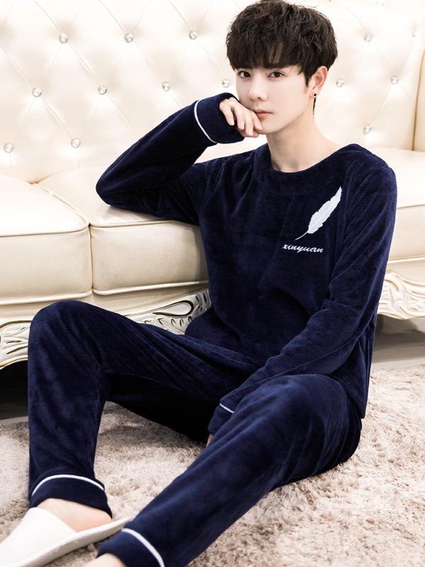 パジャマ メンズ フランネル 裏起毛 厚手 秋冬 ルームウェア 上下セット 暖かい ポリエステル 男性用 ラウンドネック 長袖 長ズボン 部屋着 防寒 あったか