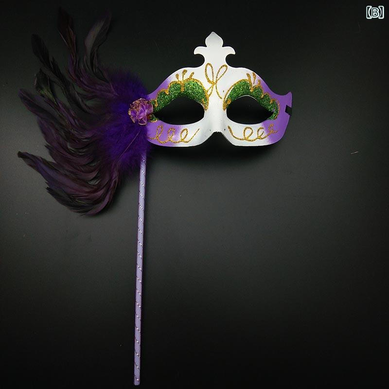 仮面 大人 子供 女性用 ハンドメイド ベネチアン 手持ちスティック 華やか ゴージャス フェザー 羽飾り 彩色 ペイント加工 仮装 イベント 舞踏会 パーティー ハロウィン コスプレ ローズレッド パープル ブルー