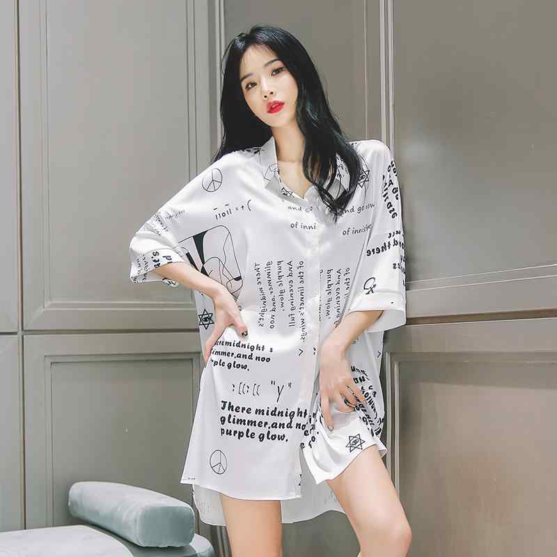 ルームウェア レディース シャツワンピース 春夏秋 シンプル 接触冷感 プリント柄 ミディ丈 半袖 襟 ホワイト ポリエステル 部屋着