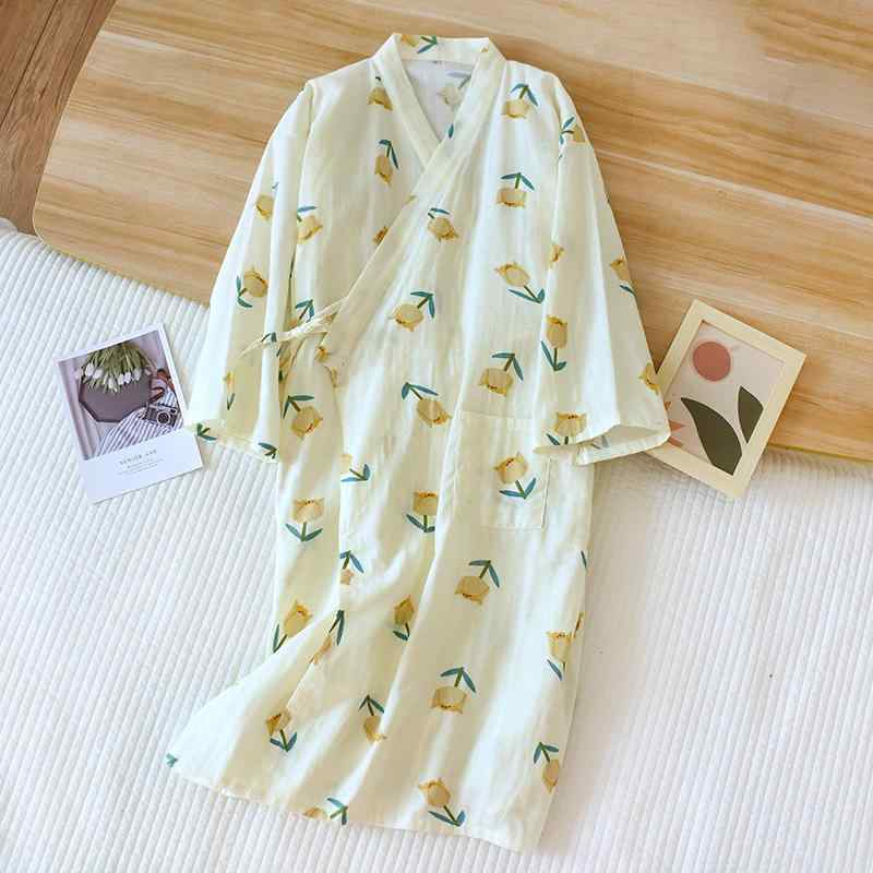 ルームウェア レディース ガーゼ 和風 バスローブ ガウン パジャマワンピース 長袖 綿 かわいい 夏秋 薄手 部屋着 吸湿性 通気性 ミドル丈 花柄
