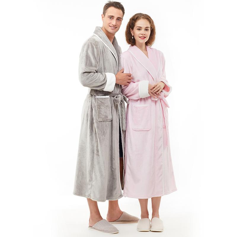バスローブ ルームウェア カップル 男女兼用 冬用 厚手 ロング丈 フランネル サンゴフリース 暖かい あったか ふわふわ もこもこ 肌触り パジャマ ガウン 大きいサイズ ゆったり