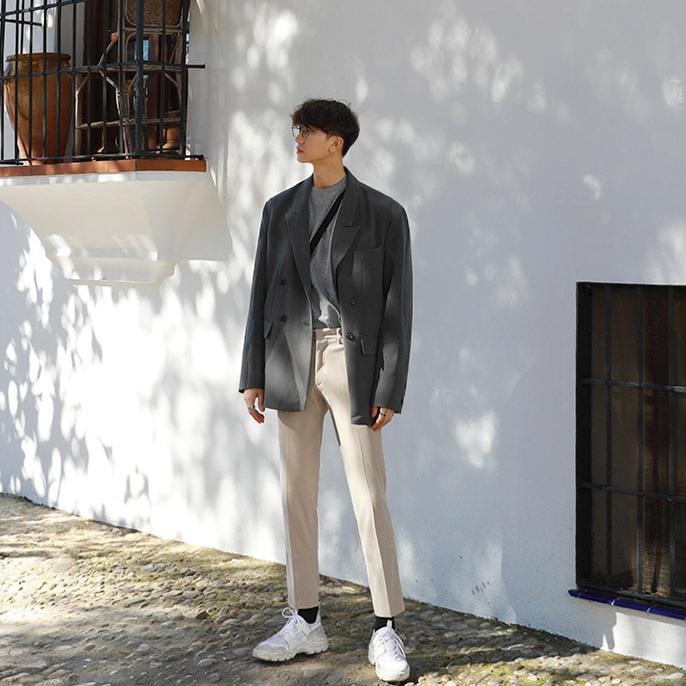 テーラードジャケット メンズ ブレザー カジュアル ゆったり ルーズフィット ダブルブレスト 秋冬 ダークグレー 無地 ポリエステル レーヨン ポリウレタン 長袖