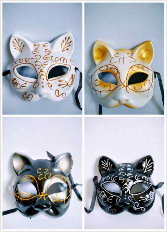 マスク 男女兼用 ハロウィン 仮装 舞踏会 半顔 動物モチーフ 猫 狐 フォックス ユニーク おもしろ コミカル ブラック ホワイト シルバー ゴールド