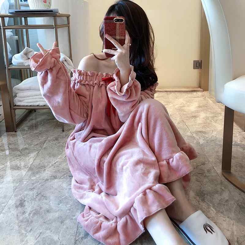 ネグリジェ パジャマ ルームウェア レディース 女性用 セクシー あったか 厚手 冬用 サンゴフリース フランネル ロング丈 長袖 無地 ワンピースタイプ 部屋着