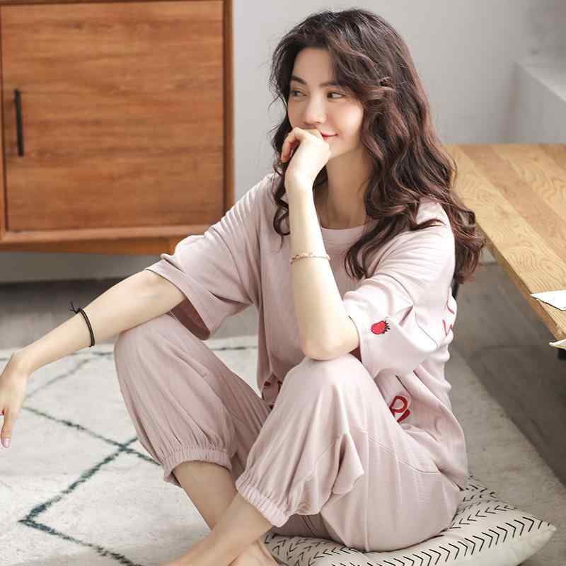 パジャマ レディース 女性用 夏物 綿 コットン 薄手 半袖 半袖 ゆったり ルームウェア 部屋着 九分丈 クロップドパンツ 上下セット セットアップ イチゴ柄 かわいい 韓国風 スウィート