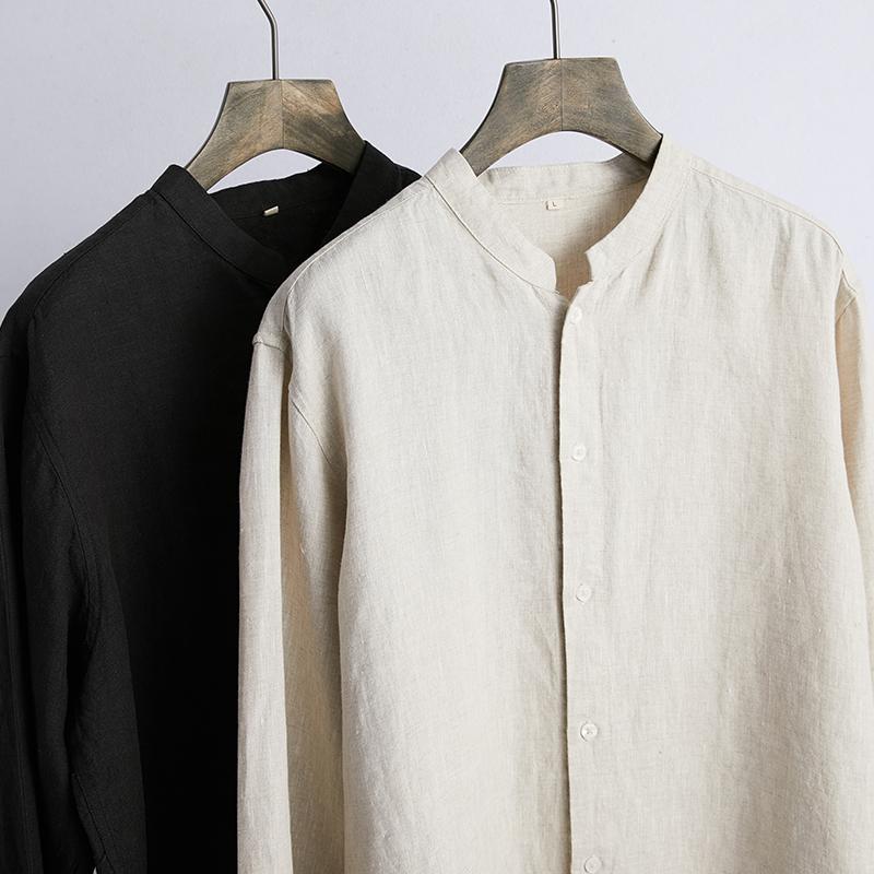 シャツ メンズ 長袖 麻 スタンドカラー 薄手 無地 ゆったり ルーズフィット 夏物 カジュアル 普段使い ウォッシュ加工 通気性 吸湿速乾 快適肌触り 黒 白