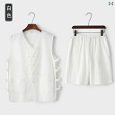 セットアップ メンズ シニア おじいちゃん 中華風 チャイナ風 綿麻 コットンリネン ベスト ジレ ショートパンツ ハーフパンツ 夏 普段使い 部屋着 カジュア...