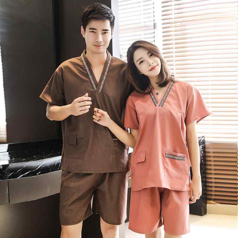 リラックスウェア 春夏 男女兼用 ユニセックス ラミー コットン混紡 通気性 吸湿速乾 ゆったり 大きいサイズ スパウェア 部屋着 パジャマ バスローブ 上下セット