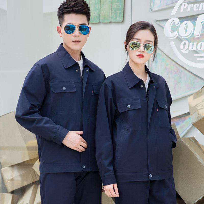 作業服 上下セット 男女兼用 メンズ レディース 春秋 ポリエステル 綿 長袖 ジャケット ジップアップ ポケット パンツ ウエストゴム 耐摩耗 色褪せにくい 電気技師 工場 シンプル 無地 紺 青 グレー 大きいサイズ