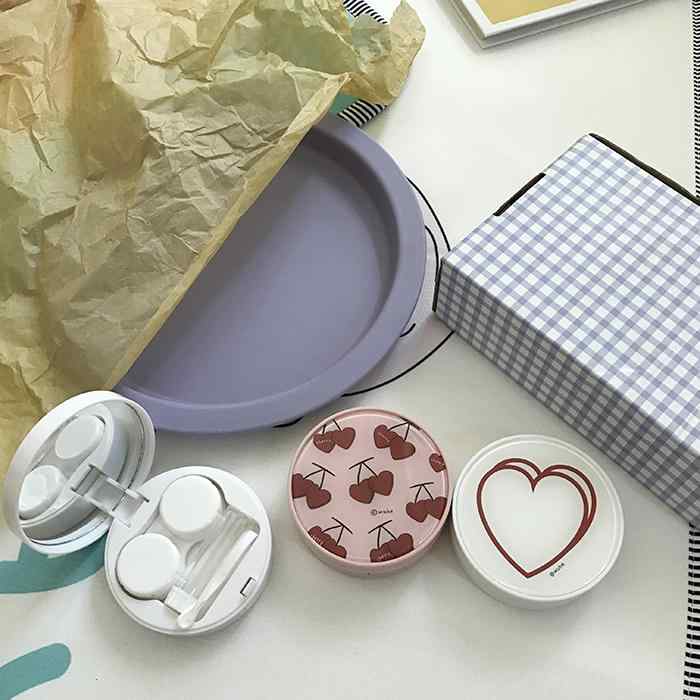 カラコンケース ハート型 韓国風 かわいい おしゃれ キャラクター ハート柄 さくらんぼ柄 携帯用 旅行用 コンパクト デュアルタイプ コンタクトレンズ収納用品