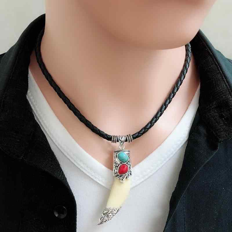 ネックレス メンズ 男性用 狼牙 ペンダント ブラックコード コットンリネン製 シンプル ヒップホップ ストリート カジュアル 個性的