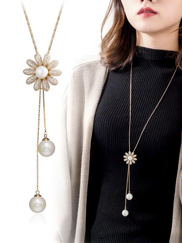 ネックレス レディース パール ロング丈 ニット セーター 秋冬 個性的 多層 合金製 ペンダント アクセ..