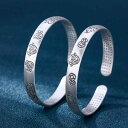 ブレスレット レディース S999 銀製 牛モチーフ 守護仏 心経 蓮の花 福文字 レトロ エスニック 民族調 バングル お守り 開運 普段使い