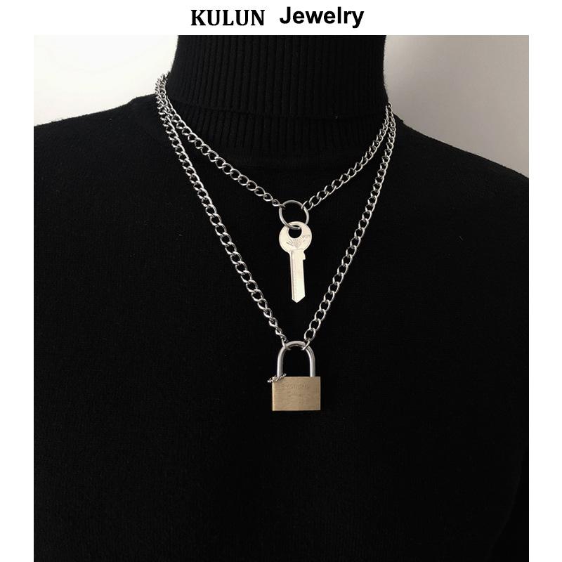 ネックレス 男女兼用 ロック 鍵 キー 南京錠 モチーフ ペンダント ダブルチェーン ヒップホップ ストリート レトロ 系 チタン鋼