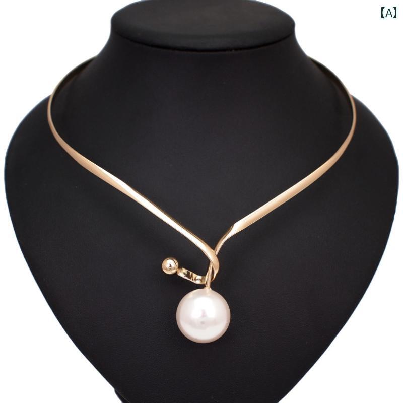 フロントップ楽天市場店のネックレス レディース 風 大胆 個性的 メタル チョーカー ボリューム パール ショートネックレス ゴールド シルバー 合金製 おしゃれ 普段使い フォーマル アクセサリー｜アングル2