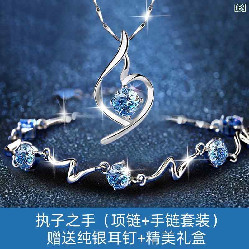 フロントップ楽天市場店のネックレス レディース ブルー 青 深みの クリスタル 宝石 銀 925 ペンダント ドロップ 雫 ハート あずきチェーン 上品 エレガント 普段使い 秋冬｜アングル3