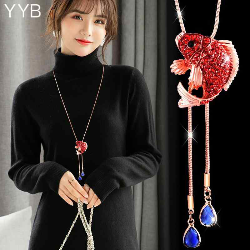 ネックレス レディース 赤 小魚 錦鯉 モチーフ ロング ペンダント シンプル カジュアル 普段使い 韓国風 ジルコニア 人工石 合金製 アクセサリー