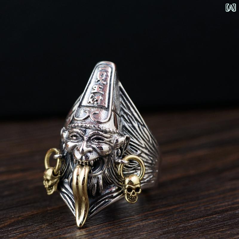 リング メンズ S925 銀 黒白無常 オープンリング 個性的 迫力 ワイルド 一見生財 天下太平 男性 指輪 アクセサリー シルバー