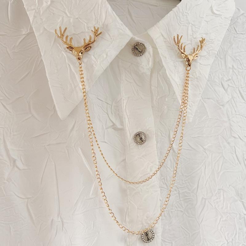 ブローチ メンズ レディース ユニセックス 鹿モチーフ パール 襟ピン タッセル チェーン 合金製 ゴールド シルバー ワイシャツ スーツ ビジネス フォーマル...