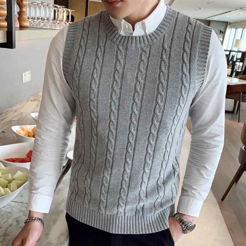 Crew Neck - ニットベスト メンズ 男性用 秋冬 厚手 クルーネック ノースリーブ プルオーバー 綿 コットン 大きいサイズ 大きいサイズ 無地 カジュアル ジレ グレー ブルー ブラック リブ裾