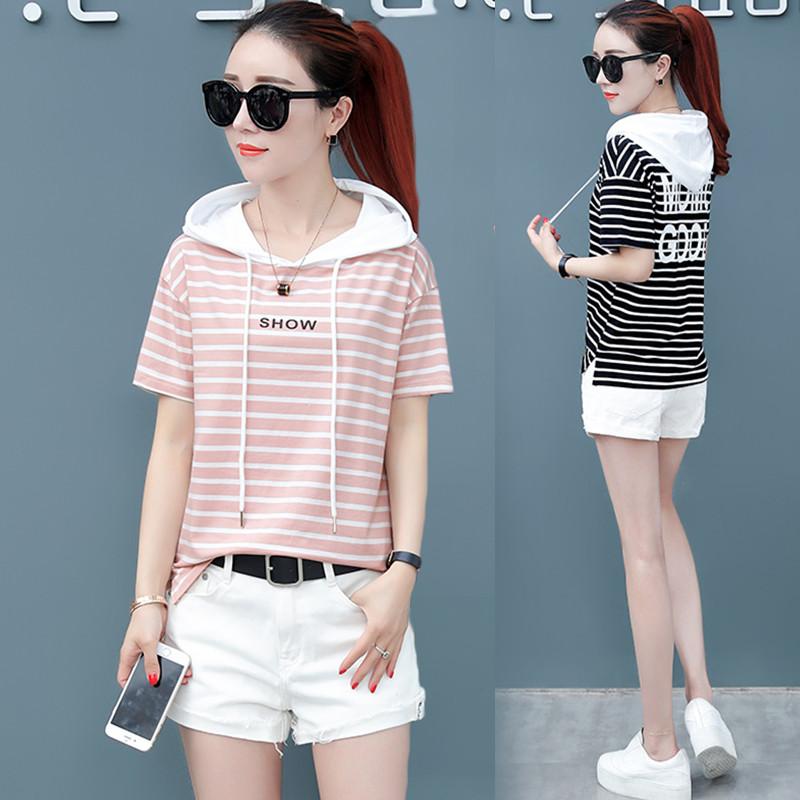 フード半袖Tシャツ レディース ストライプ柄 綿混 ゆったりシルエット 着痩せ効果 韓国 切り替え 薄手 春夏 普段使い カジュアル トップス カットソー