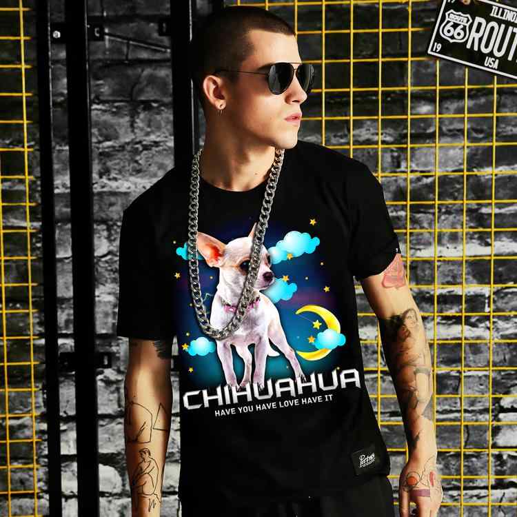 Tシャツ 男女兼用 チワワ 犬柄 プリント 半袖 クルーネック ルーズフィット ビッグシルエット 綿 コットン ブラック 春夏 アメリカンカジュアル 普段使い