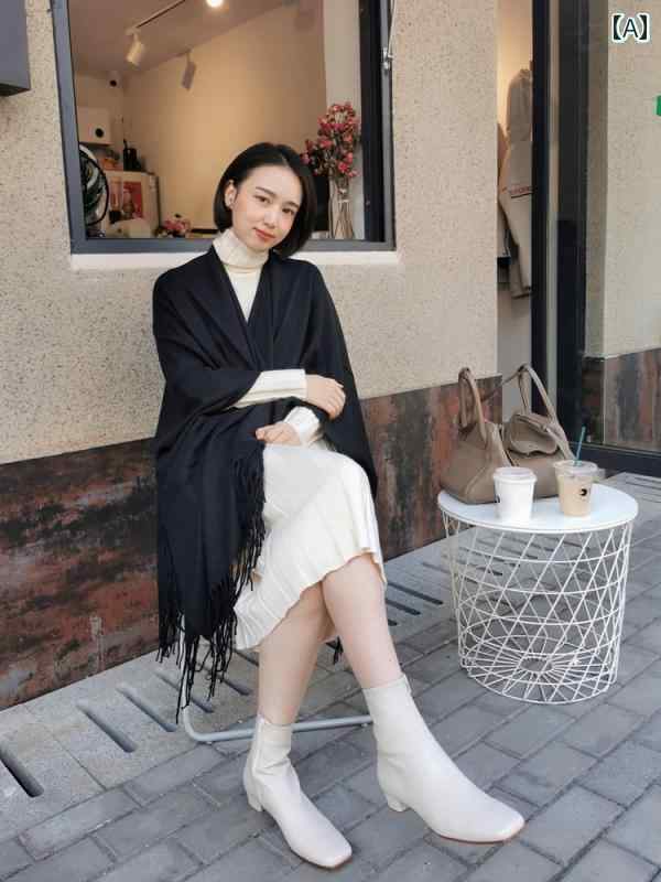 フロントップ楽天市場店のショール 男女兼用 マフラー ポンチョ ケープ ブラック 大判 厚手 ロング丈 フリンジ タッチ 冷房対策 オフィス 普段使い 秋冬｜アングル2