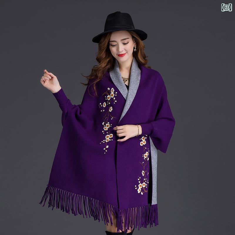 ショール レディース 秋冬 ウール 2WAY 袖 ポンチョ マント 刺繡 梅の花柄 多機能 普段使い お出かけ 羽織り 防寒