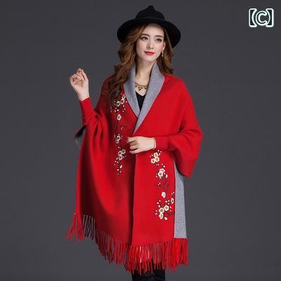 ショール レディース 秋冬 ウール 2WAY 袖 ポンチョ マント 刺繡 梅の花柄 多機能 普段使い お出かけ 羽織り 防寒