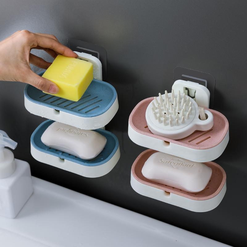 石鹸置き 壁掛け 強力吸盤式 排水 ダブルレイヤー 浴室 洗面所 穴あけ不要 洗濯石鹸 マカロンカラー おしゃれ 北欧スタイル 多色展開