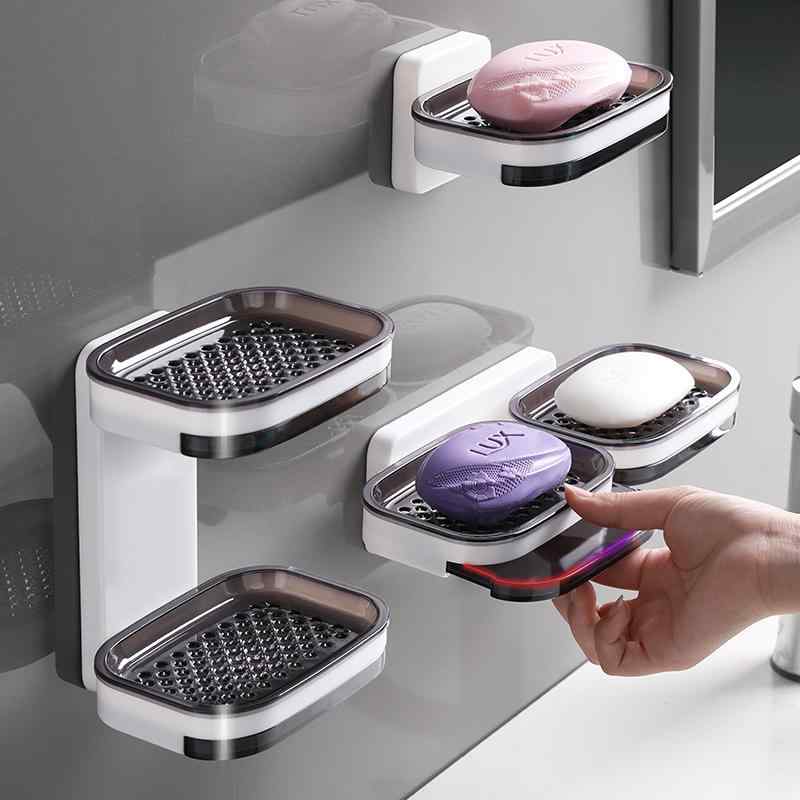 石鹸ケース 壁掛け 穴開け不要 粘着式 ウォールマウント 水切り 蓋 防塵 2段 ソープディッシュ 浴室 洗面所 寮 家庭用 受け皿 北欧風 小物入れ ソープホルダー