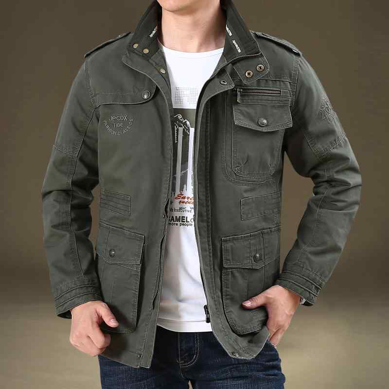 ジャケット 男性用 春秋 多ポケット スタンドカラー ゆったり 大きいサイズ 綿 ミドル丈 ワーク ミリタ..