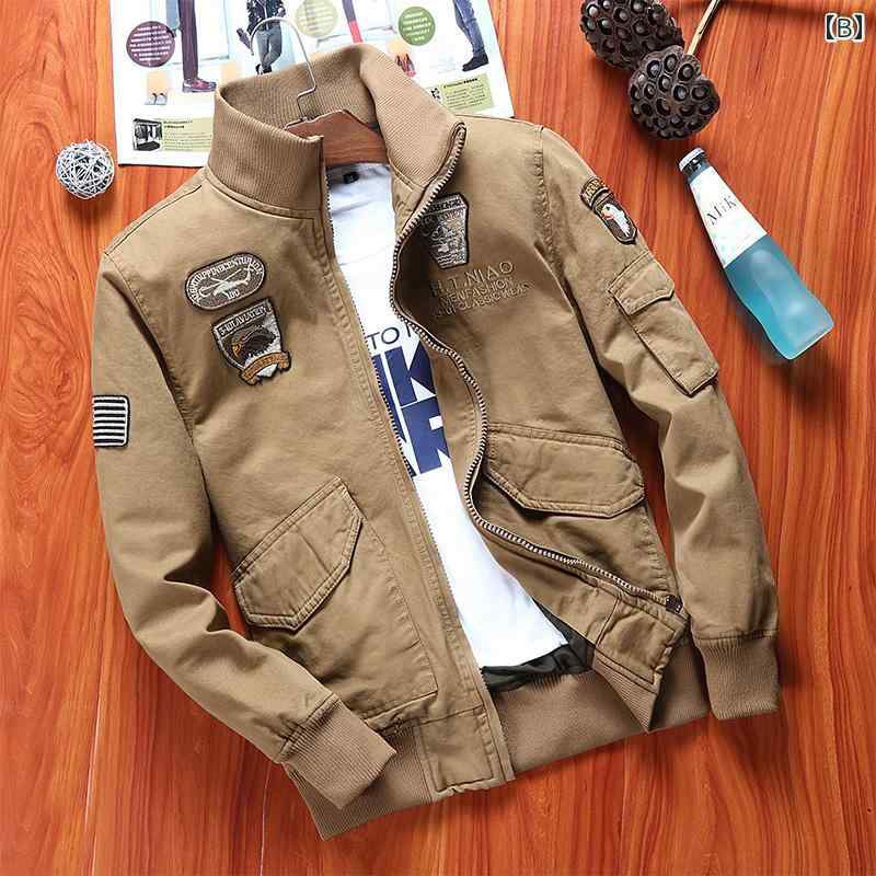 ジャケット メンズ ゆったり カジュアル 春秋 薄手 ウォッシュ加工 綿 アウトドア ワーク ミリタリー アウター ジップアップ クルーネック リブ袖 リブ裾 刺繍