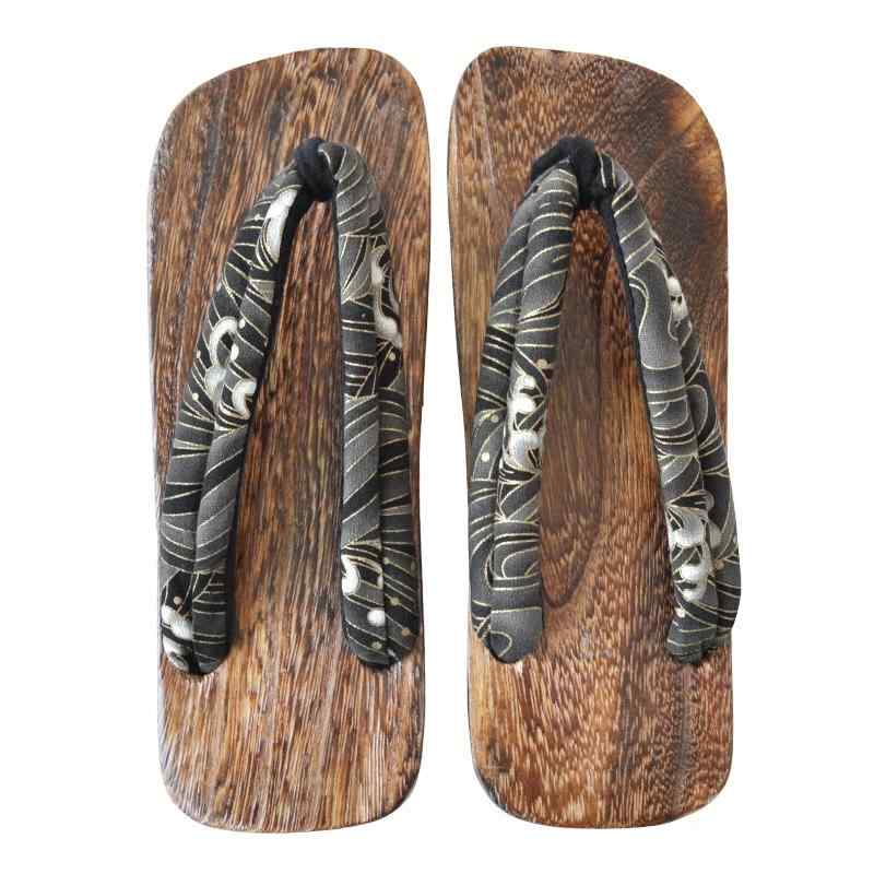 下駄 メンズ フラットヒール 木製 ラバーソール 鼻緒サンダル 箔押し 波柄 コットン 民族風 夏 普段使い レジャー 軽量 快適 カジュアル ブラック ダークブルー