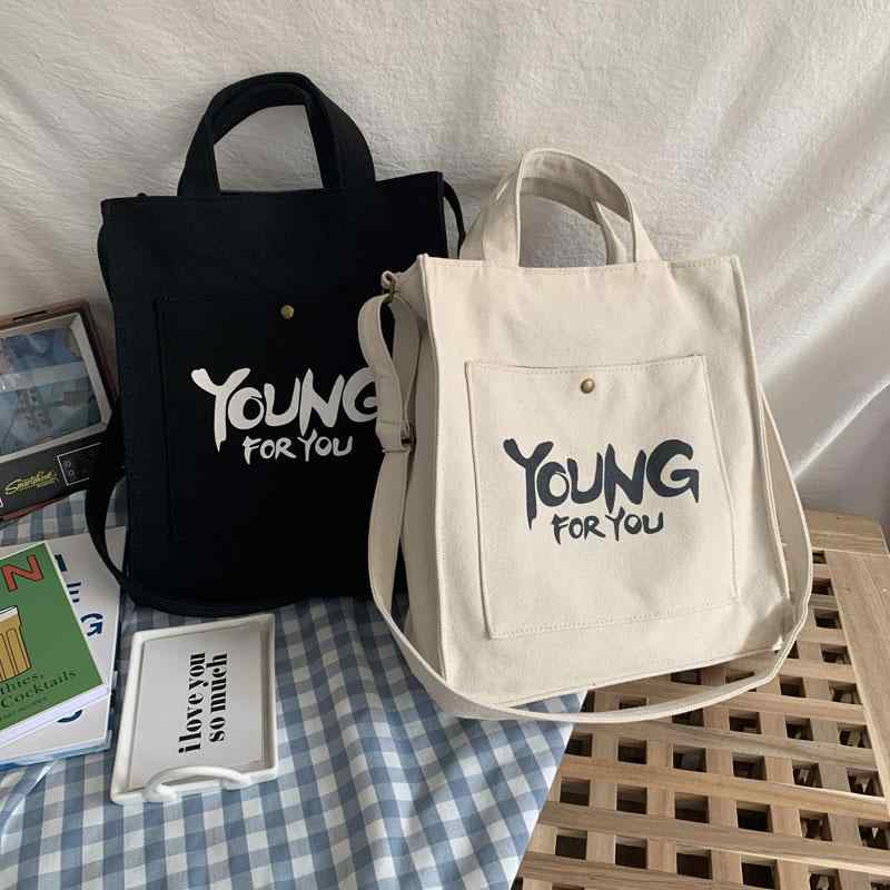 Rucksacks - トートバッグ レディース キャンバス キャンバス 3WAY ショルダーバッグ 肩掛け 斜めがけ 手提げ ファスナー 大容量 ロゴプリント 通勤 オフィス カジュアル 普段使い ナチュラル 韓国風 ソフト オープンポケット