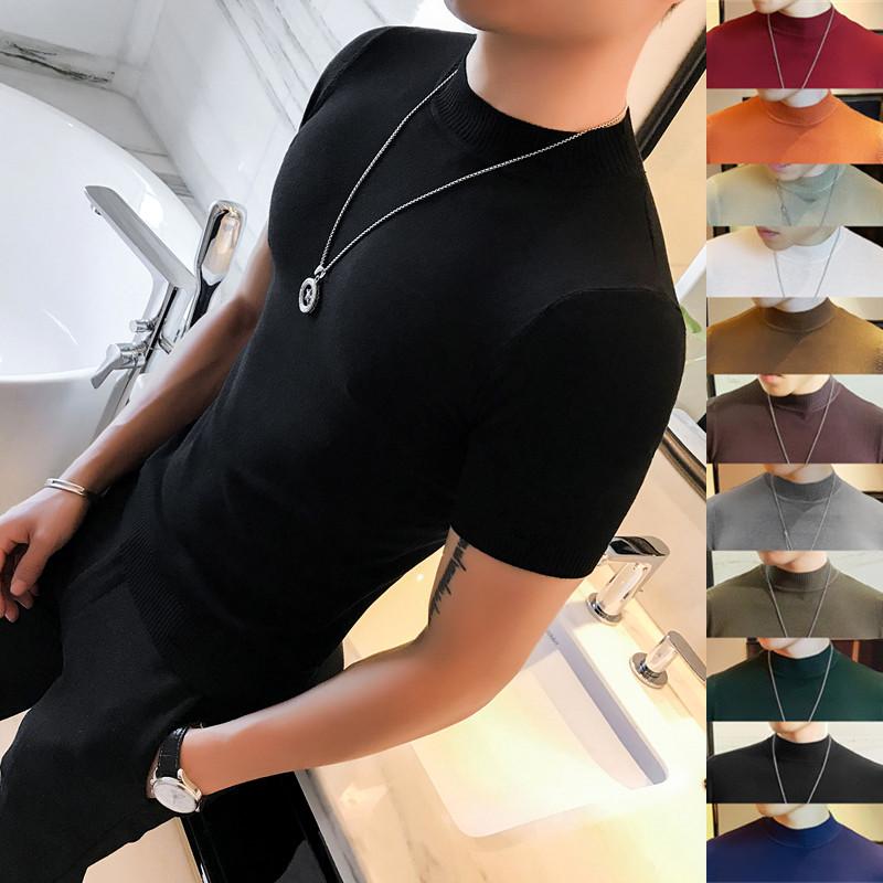 Short Sleeves - ニットTシャツ メンズ モックネック 半袖 スリムフィット 無地 韓国 春 カジュアル トップス インナー きれいめ プルオーバー 男性用