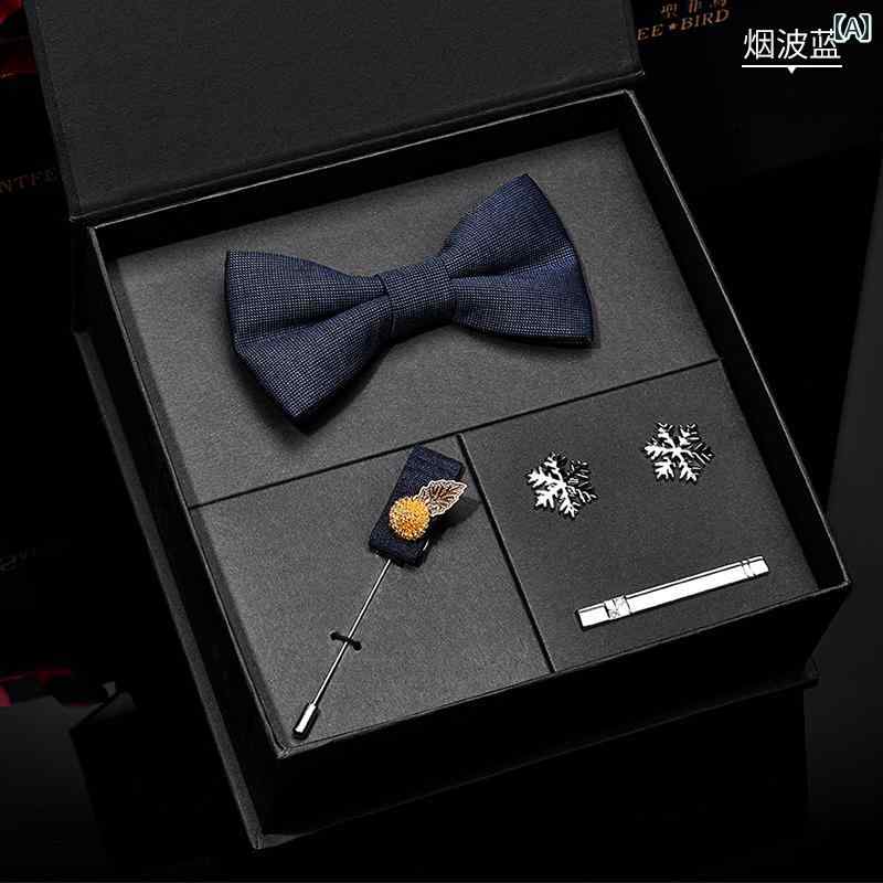 メンズ スーツ小物 蝶ネクタイ ポケットチーフ ネクタイピン カフス 4点セット ストライプ柄 ポリエステル 結婚式 パーティー ビジネス フォーマル カジュアル プレゼント