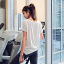 Tシャツ レディース ゆったり ルーズフィット 半袖 クルーネック ナイロン 速乾 吸湿速乾 通気性 薄手 軽量 着痩せ スリム見え フィットネス スポーツ ランニング トレーニング ヨガ 春夏|詳細画像