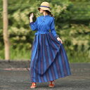 ワンピース レディース ストライプ 秋冬 リネン チャイナ スリム ステッチ ロング スカート ウエストリボン 長袖 レトロ ロング丈 ゆったり 大人 Aライン