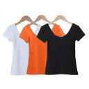 Tシャツ レディース ダンス ヨガ トップス ダブルUネック ワイド クルーネック 半袖 半袖 フィット スタイルアップ 背中開き インナー ローネック コットン ストレッチ ブラック 夏