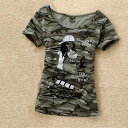 Tシャツ シャツ レディース 夏 スリム カモフラージュ コットン 吸汗 性 ラウンドネック ミリタリー