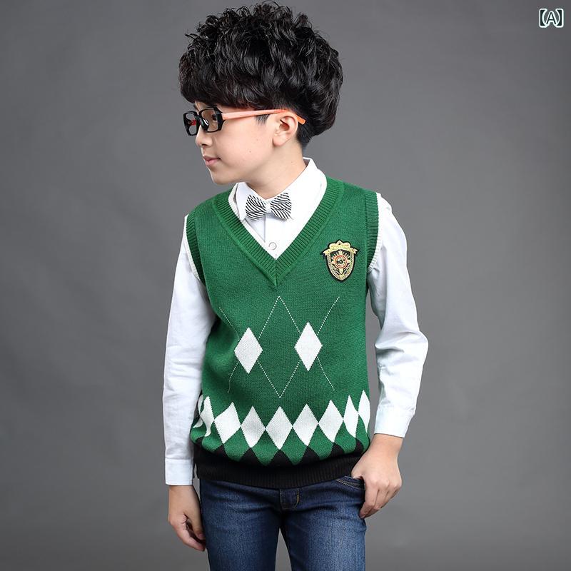 ニットベスト キッズ 男の子 Vネック コットン スクール風 チェック柄 プルオーバー 厚手 通学 小中学生 普段着 カジュアル シンプル 春秋 2